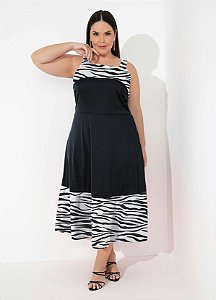 Vestido Preto E Zebra Com Alças Largas Plus Size