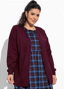 Cardigan Bordô Em Ribana Canelada Plus Size