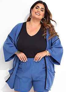 Kimono Azul Em Moletinho Rajado Plus Size