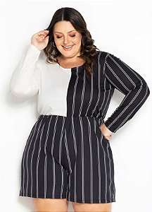 Macaquinho Listras E Off White Plus Size