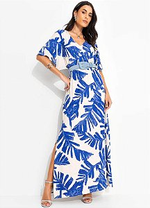 Vestido Folhagem Azul Em Malha De Viscose