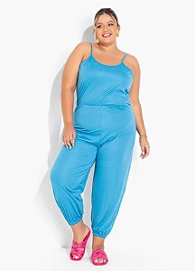 Macacão Jogger Azul Anil Com Alças Plus Size