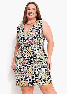 Vestido Floral Geométrico Em Malha