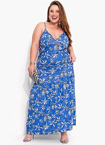 Vestido Folhagem Azul Em Malha