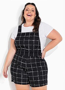 Jardineira Xadrez Preta Com Elástico Plus Size