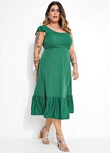 Vestido Midi Verde Com Franzidos Plus Size