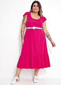 Vestido Com Babados Midi Pink Plus Size
