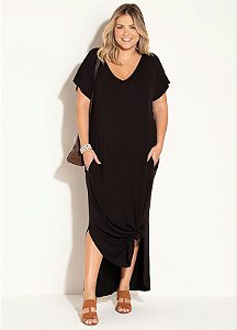 Vestido Longo Soltinho com Fenda Preto Plus Size