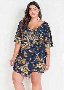 Macaquinho Floral Azul Plus Size Com Short Saia