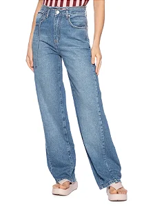Calça Feminina Jeans Reta Detalhe Cinto Azul