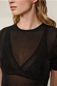 Blusa De Tule Manga Curta Com Brilho
