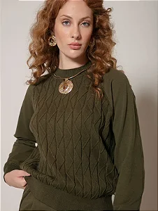 Blusa de algodão em moletom com detalhe frontal em tricô