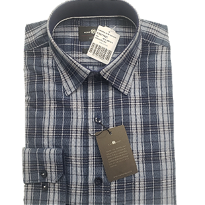 Camisa de flanela xadrez azul marinho manga longa de algodão