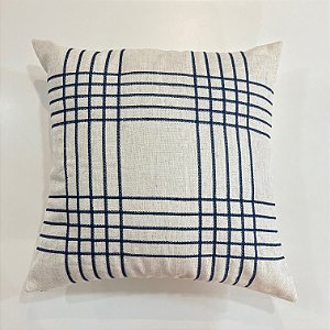 Capa Para Almofada Linho Cru Bordada Xadrez Azul Marinho