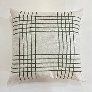 Capa Para Almofada Linho Cru Bordada Xadrez Verde