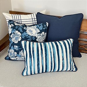 Kit Padrão Floral Azul e Linho Bordada Xadrez Azul Marinho