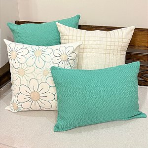 Kit Bordada Flores Verde Tiffany e Linho Crú Bordada Xadrez