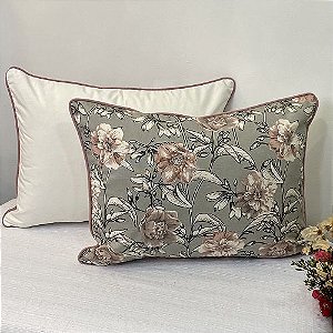Porta Travesseiro Dupla Face Cotone Flores Cinza e Rosa Blush