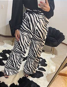 calça feminina pantalona zebra cintura alta tendência