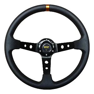 VOLANTE ESPORTIVO COM FURAÇÃO UNIVERSAL PARA SIMULADOR OMP PRETO COM DETALHE DOURADO