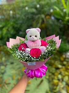Buquê 3 Rosas Coloridas com Urso de Pelúcia