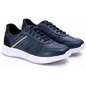 Tênis Casual Masculino De Couro Legitimo Comfort - 3023 Azul