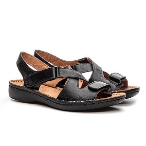 Sandália Feminina Com Velcro De Couro Legítimo Comfort - 10322 Preta