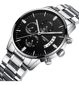 Relógio Nibosi 2309 Prata Em Aço Inoxidável Cronógrafo Funcional e Estojo Original