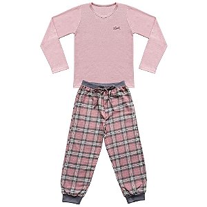 Pijama Juvenil Look Jeans Longo Rosa/Xadrez