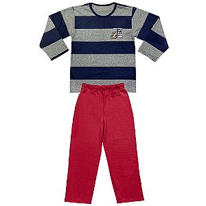 Pijama Juvenil Look Jeans Longo Listrado Azul/Vermelho