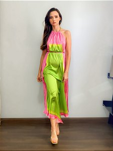 VESTIDO MIDI FRENTE ÚNICA VERDE E ROSA ZINCO