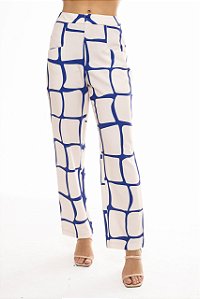 CALÇA ALFAIATARIA COS ALTO ESTAMPA ABSTRATA EM DETALHE AZUL