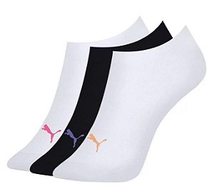 Meia Puma Feminina Sapatilha Esportiva -Kit com 3 pares-  Branca/ preta 34 a 39
