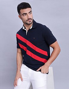 Polo Tommy Hilfiger Masculina Banner Stripe - Azul Marinho