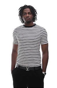 Camiseta Masculina Ermek Label Listrada- Branco off White