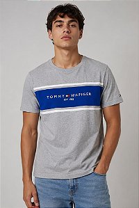 Camiseta Masculina Tommy Hilfiger Logo Faixa 1985-Cinza/Azul XM07453