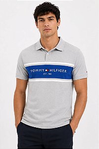 Polo Tommy Hilfiger Masculina Logo Block - Cinza/azul  XM07644020