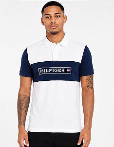 Polo Tommy Hilfiger Masculina Logo Block-Branca/Azul Marinho XM07333