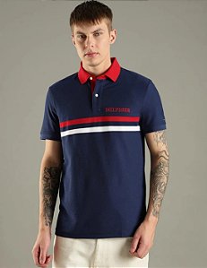 Polo Tommy Hilfiger Masculina Color Block-Azul Marinho/Vermelha/Branca XM07680