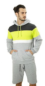 Blusão Moletom Canguru Unissex Ixória Color Block Cinza Neon Preto