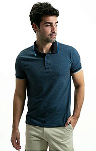 Camiseta Masculina Gola Polo Ixória Azul Piquet Mini Xadrex