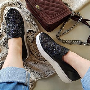Tênis Slip On Feminino Modinha Preto Couro Detalhe Em Gliter