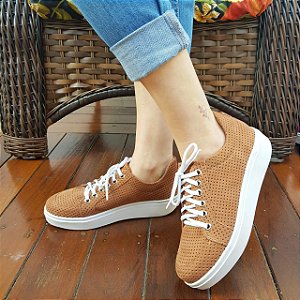 Tênis Feminino Modinha Tendência Nobuck Caramelo Furinhos