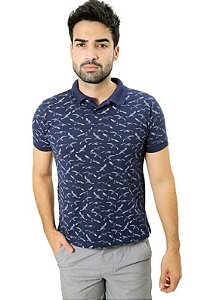 Camiseta Masculina Gola Polo Azul Marinho Piquet Com Elastano Estampado Gaivotas