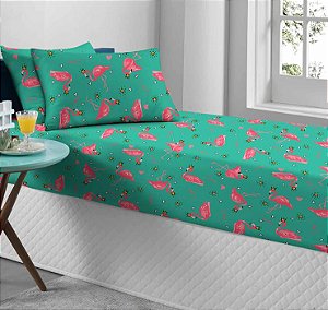 Jogo de Cama Solteiro 2 peças de Malha lençol com elástico Portallar e Fronha Estampado Flamingo