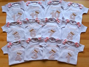 Kit com 12 bodys Princesa Luxo com nome Cor Rosa