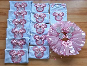kit 12 bodys Minnie Rosa + Saia tutu + orelhinhas Minnie