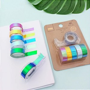 Fita Adesiva Decorada Washi Tape Holográfica Kit com 6 Fitas Coloridas e 1 Dispenser  Importado