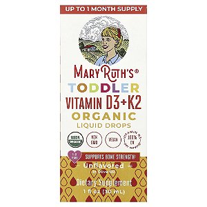Vitamina D3 + K2 Orgânica em Gotas Líquidas 1 a 3 Anos Sem Sabor 30 ml - MaryRuth's