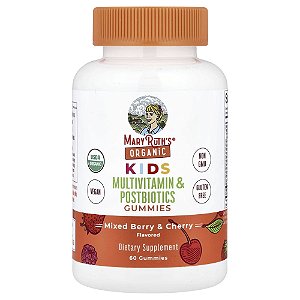 Orgânicos para Crianças Gomas Multivitamínicas e Pós-bióticos Misturas de Frutos Silvestres e Cereja 60 Gomas - MaryRuth's